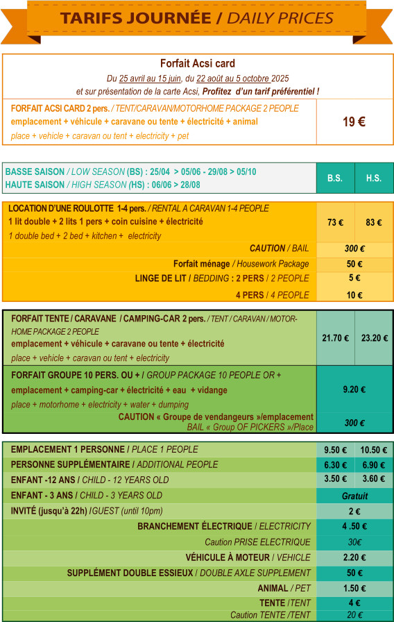 Nouveaux tarifs 2025 camping de la Plage 2025